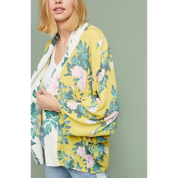 Anthropologie Elma Floral Kimono Top One Size Yellow Green Pink Open Front Boho - Picture 1 of 8
